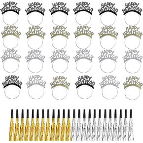48 Pieces New Years Eve Party Supplies 2025,Happy New Year Headband,Metallic Fringed Noise Makers Gold Sliver Party Favors