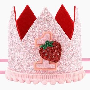 Berry First Birthday Hat, Sweet Pink Sequin Strawberry 1st Birthday Hat Cute Baby Girl Strawberry Crown Headband Strawberry One Birthday Headwear for Baby Shower Party Decoration Photo Props