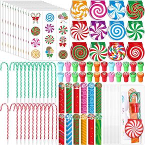 Containlol 24 Pack Christmas Party Favors Gift Peppermint Candy Christmas Mini Notebook Candy Cane Pen Lollipop Sticker Xmas Goodie Bag Stuffers for Christmas Winter Holiday Prizes Stationery Set