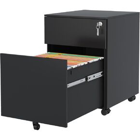 CuisinSmart Filing Cabinet, 2 Drawer Mobile File Cabinet with Lock Steel Lateral File Cabinet for Legal/Letter/A4 File Storage Cabinet for Home Office-Black