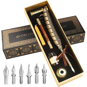 GC QUILL Calligraphy Pen Set - Feather Dip Pen,Dual Tip Calligraphy Fountain Pen, Stamp, Wax Candle, Pen Base, Ink Bottle, Ink Cartridges L1492