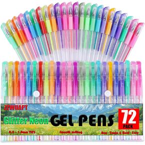 72 Pack Glitter Neon Gel Pens, 24 Glitter Neon Tone Gel Pens with 48 Refills,40% More Ink Colored Gel Pens for Adults Coloring Books Drawing Doodling Scrapbook Journaling
