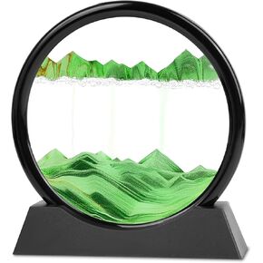Moving Sand Art, 3D Liquid Motion Deep Sea Sandscape Color Quicksand Decor, Round Glass Flowing Sand Art Sandscapes Picture, Relaxing Desktop Home Office Work Decor, 7 inch Green