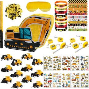 Construction Pinata Set Construction Birthday Party Favors for Boys Excavator Pinata Truck Party Decoration Supplies with Stickers Slap Bracelet Keychain Silicone Bands and Mini Trucks (Construction)