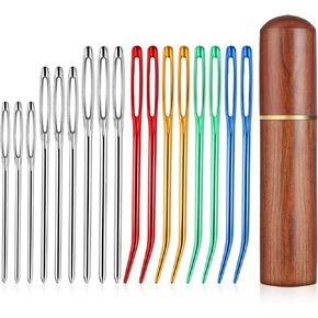 17Pcs Large Eye Curved Needles Sewing, Stainless Steel Large Eye Bent Tapestry Needles Large Curved Blunt Needles Darning Needles Embroidery Needles with Wooden Case for Yarn Crochet Hand Knitting