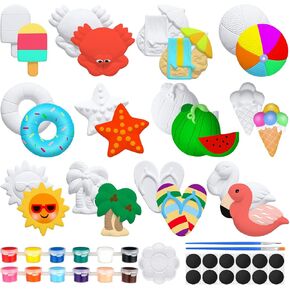 Sinmoe 12 Sets Summer Beach Ceramic Painting Kit Unpainted DIY Ceramic Figurines Hawaii Arts Crafts Paint Your Own Figurines with 12 Magnet 2 Brushes and 1 Palette Ceramic Painting Kit for Adults