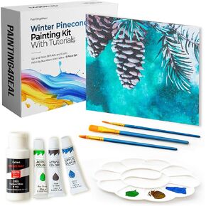 Painting4Real DIY Painting Class Kit for Adults: Learn to Paint Winter Pinecones with Video Tutorials – Indoor Christmas Decorations – Hang Christmas Picture/Art as Wall Decor Once Completed