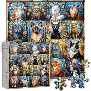 PICKFORU Stained Glass Puzzles Cat Puzzles for Adults 1000 Pieces, Kitten Kitty Puzzles Collage Puzzles 1000 Pieces Hard, Impossible Challenging Jigsaw Puzzles,Colorful Mosaic Cats Puzzle