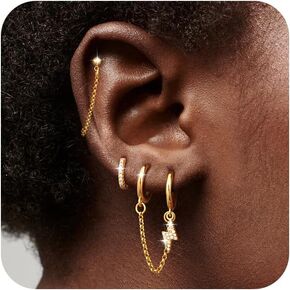 Gold Chain Earrings Set for Women 3/4 Pairs Dainty Dangle Stack 14K Gold Plated Hoop Earrings Set Trendy Hypoallergenic Cubic Zirconia Stud Earrings for Women Jewelry