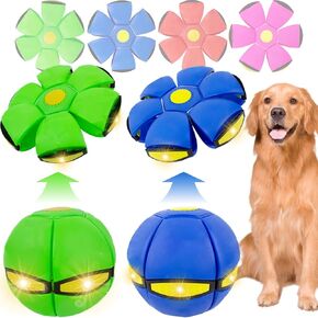 2 PCS Pet Toy Flying Saucer Ball for Dogs, Interactive Dog Flying Discs Toy with 3 Lights for Medium Large Dogs, Doggy Disc Ball for Dog, Outdoor Games, Camping Games Green+Pink