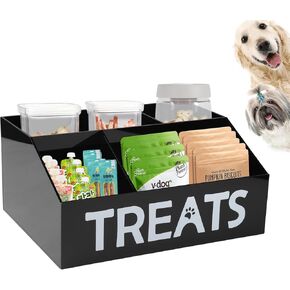 Acrylic Dog Storage Organizer,Dog Treat Station with dividers,Trapezoid Dog Treat Container for Countertop,Cat Treat Storage Bin,Ideal for Dog Cat Bagged Snack or Can Food-Black