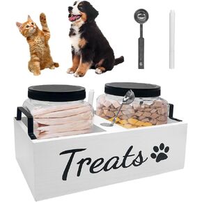 Dog Treat Container Food Storage - with 2 Plastic Treat Jars Pet Cat Food Containers Airtight Organizer Dog Treat Holder Farmhouse Decor Gift for Pet (White)