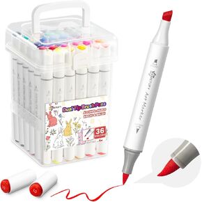 Simetufy 36 Colors Alcohol Markers Brush Tip, Coloring Markers for Adult Coloring Books, Dual Tip Alcohol Markers Brush Tip and Chisel Tip for Coloring, Drawing