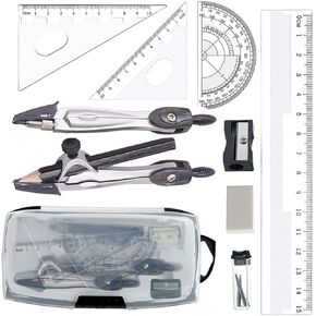 TAORANJU Math Geometry Kit Set, 10 Pcs Portable School Math Set with Rulers, Protractor, Compass, Eraser, Pencil Sharpener, Lead Refills, Pencil, Storage Box for Drafting and Drawings