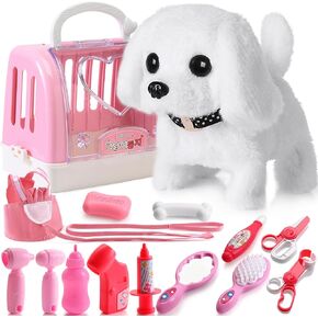 WorWoder Electronic Toy Dog, Walking, Barking, Tail Wagging, Plush Interactive Dog Toy with 15 Parts for 3-6 Years Kids (White)