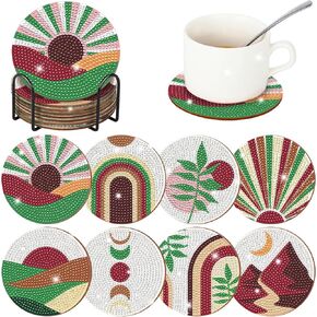 Vesici 8 Pcs Boho Diamond Art Coasters with Holder Abstract Plants Diamond Art Coasters DIY Diamond Art Kits Diamond Crafts Coasters for Adults Beginner Gift Supplies(Pink)