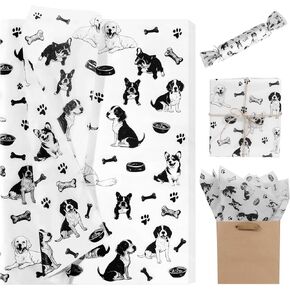 100 Sheets Cute Puppy Tissue Paper - Black Dog, Bone, Pet Paw & Bowl Pattern Gift Wrap Tissue Paper for Animal Lovers, DIY Crafts & Party Decor, 13.8 x 19.7 Inches