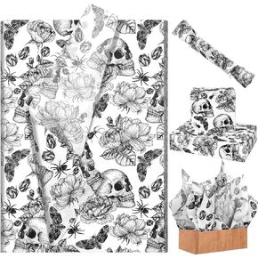 100 Sheets Vintage Skull and Floral Tissue Paper for Gift Wrapping Skull Rose Butterfly Spider Printed Tissue Paper for Gift Bags for Halloween Party DIY Craft, 20 × 14 Inches
