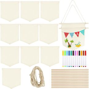 37 Pcs Blank Canvas Banner Set Include 12 Pcs Wall Display Banners 1 Pcs Rope 12 Pcs Wood Stick with 12 Pcs Painting Props for Display Buttons Label Badge Collections Boho Hanging Decor