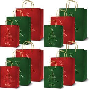 easykart labels 12 Christmas Gift Bags, Red & Green Metallic & Texture Finish with Golden & Spot Gloss Xmas Tree, Assorted Sizes With Handle (4 Extra Large 16", 4 Large 12", 4 Medium 9")