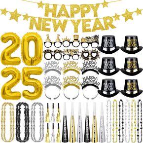 New Years Eve Party Supplies 2025, New Years Decorations, Party Favors Including Ballons, Banner, Top Hats, Headband Tiaras, Horns, Squawkers, Glasses, Leis Necklaces