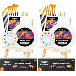 Shuttle Art 69 Pack Acrylic Paint Set, Acrylic Painting Set with 2 Pack of 15 Colors Acrylic Paint, 3 Sets of Wooden Easels, Canvas, Brushes & Palettes, Art Painting Supplies for Kids Adults Beginner