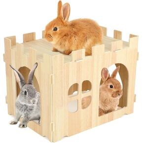 BWOGUE Large Wooden Rabbit House and Hideouts Bunny Castle Detachable Small Animal Play Hideaway Rabbit Hideout Cage Accessories for Indoor Adult Rabbit Guinea Pig Chinchilla Habitat