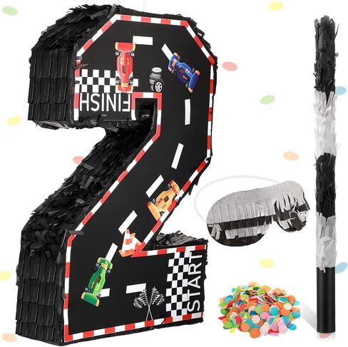 Sratte Race Car Number Piñata Small Racing Piñata Number Piñata مع مضرب معصوب العينين وقصاصات للأولاد، لوازم حفلات الاحتفال بالذكرى السنوية لعيد الميلاد، 16.1 × 10.6 × 3 بوصة (رقم 2) in Saudi Arabia