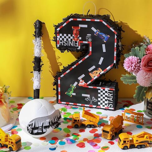 Sratte Race Car Number Piñata Small Racing Piñata Number Piñata مع مضرب معصوب العينين وقصاصات للأولاد، لوازم حفلات الاحتفال بالذكرى السنوية لعيد الميلاد، 16.1 × 10.6 × 3 بوصة (رقم 2) in Saudi Arabia