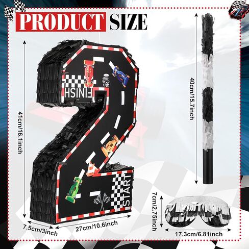 Sratte Race Car Number Piñata Small Racing Piñata Number Piñata مع مضرب معصوب العينين وقصاصات للأولاد، لوازم حفلات الاحتفال بالذكرى السنوية لعيد الميلاد، 16.1 × 10.6 × 3 بوصة (رقم 2) in Saudi Arabia
