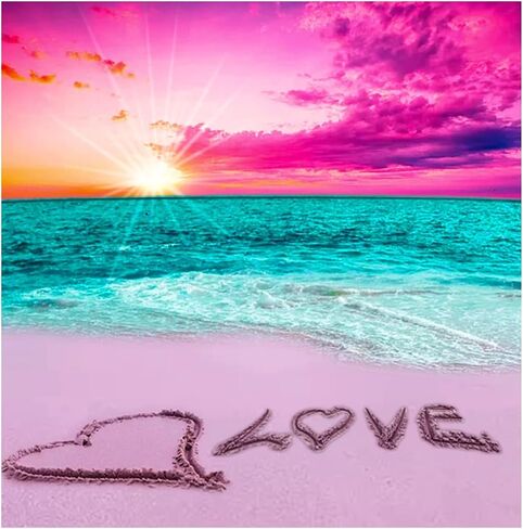 HSENJT Beach Diamond لوحة فنية حسب الأرقام، 14 × 14 بوصة غروب الشمس الحب 5D الماس DIY اللوحة للبالغين، اللوحة مع الماس للاسترخاء وهدية ديكور جدار المنزل (35 سم × 35 سم) in Saudi Arabia