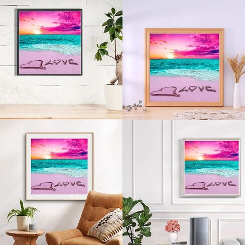 HSENJT Beach Diamond لوحة فنية حسب الأرقام، 14 × 14 بوصة غروب الشمس الحب 5D الماس DIY اللوحة للبالغين، اللوحة مع الماس للاسترخاء وهدية ديكور جدار المنزل (35 سم × 35 سم) in Saudi Arabia