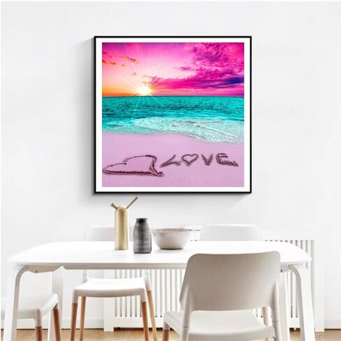 HSENJT Beach Diamond لوحة فنية حسب الأرقام، 14 × 14 بوصة غروب الشمس الحب 5D الماس DIY اللوحة للبالغين، اللوحة مع الماس للاسترخاء وهدية ديكور جدار المنزل (35 سم × 35 سم) in Saudi Arabia