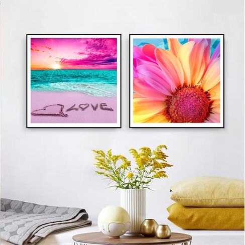 HSENJT Beach Diamond لوحة فنية حسب الأرقام، 14 × 14 بوصة غروب الشمس الحب 5D الماس DIY اللوحة للبالغين، اللوحة مع الماس للاسترخاء وهدية ديكور جدار المنزل (35 سم × 35 سم) in Saudi Arabia