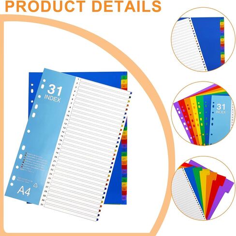 1-31 Tab Dividers, Plastic Dividers for 3 Ring Binders, Multicolor Binder Dividers with Tabs, Customizable Table of Contents, Number 1-31 Tabs, 5 Sets in Saudi Arabia