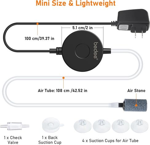 مضخة هواء لحوض السمك بكوب شفط: مضخة هواء بيزو صغيرة صامتة مطورة لخزان الأسماك، فقاعات حوض السمك موفرة للطاقة مع صمام فحص، حجر فقاعات، أنبوب هواء لخزان أسماك 15 جالون، 1 وات in Kuwait