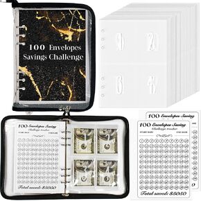 100 Envelopes Money Saving Challenge Binder, Easy and Fun Way to Save $5,050, A5 Budget Book with Cash Envelopes Kit,Black,Gold