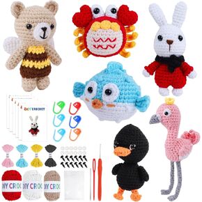 SIDUEBEL 6PCS Crochet Kit for Beginners, Knitting Starter Pack for Adults and Kids，Amigurumi Crocheting Animals Kits with Step-by-Step Video，Yarn,Crochet Hook,Birthday Gift, Holiday Gift
