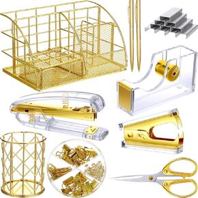 Desk Accessories Office Supplies Set, Christian Charity Donation Supplies Acrylic Stapler Set Staple Remover Tape Dispenser Desk Organizer Pen Holder Binder Paper Clips Ballpoint Scissor(Gold)