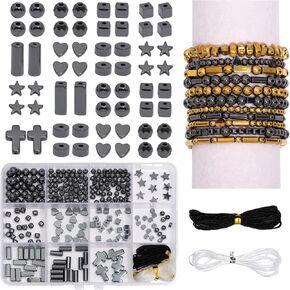 250PCS Natural Gold-Plated Hematite Beads Box Set Kits Round Loose Gemstone Natural for Jewelry Making with Crystal Stretch Cord and Burlywood Waxed Polyester Beading Cord String