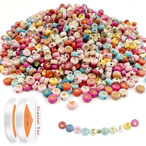 2000pcs Colorful Letter Beads, 4x7mm Round Gold Acrylic Alphabet Beads Heart Beads with 2 roll Elastic String for Jewelry Making DIY Bracelet Necklace Beading Supplies