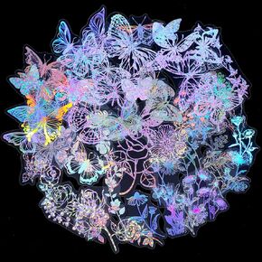 Suclain 180 Pcs Holographic Glitter Butterfly Sticker Set Waterproof Plant Decorative Flower Decal Glitter Adhesive Sticker for Scrapbooking Journal Planner Bottle Laptop(Flowers and Butterflies)