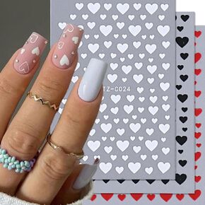 Heart Nail Stickers -Valentine's Day Nail Art Supplies Heart Nail Decals for Women - 3D Self Adhesive Heart Nail Art Sticker - Heart Love Black Red White Nail Designs DIY Valentine Manicure Decor 6PCS