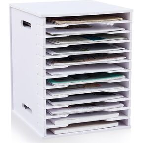 Juexica 12 Tier Scrapbook Paper Organizer for Sizes 8.5" x 11" White Cardstock File Organizer Stackable Paper Trays Desktop Storage Paper Rack Document Holder for Desk Home Office