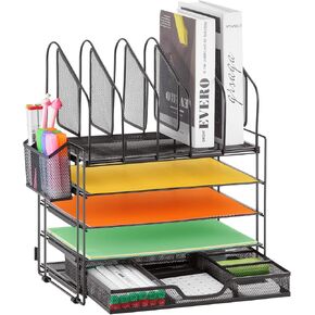 5 Tier Desk File Organizer, Letter Tray Paper Organizer with Pen Holders, Office Supplies Desk Accessories & Workspace with Sliding Drawers, Desk File Holder for Office, School, Home, Black