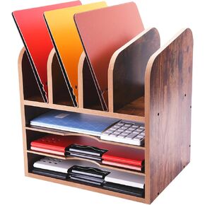 منظم ملفات مكتب على شكل مروحة من WuGeShop، فارز ملفات تخزين منظم ورق خشبي مكون من 7 أقسام، رف مجلات ورقية لسطح المكتب الريفي للمكتب المنزلي والفصول الدراسية، بني