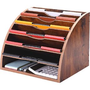 WuGeShop Fan-Shaped Desk File Organizer, 7 Compartments Wooden Paper Organizer Storage File Sorter, Rustic Desktop Paper Letter Tray Magazine Rack for Home Office Classroom, Brown