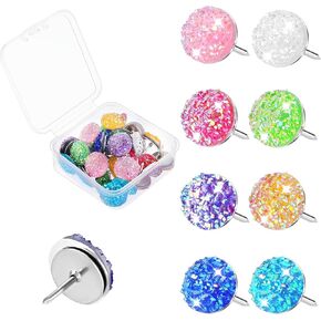 Mabor 30Pcs Decorative Thumb Tacks Glitter Rhinestone Cute Push Pins for Bulletin Board Cork Board with Box Fun Push Pins Colorful Thumbtacks for Wall Hanging Home Office Supplies