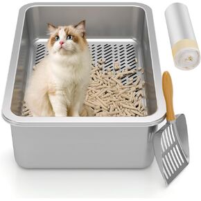 Stainless Steel Sifting Litter Box,Sifting Cat Litter Box for Wood Pine Pellets,Medium Sifter Litter Pan System for Kittens,Odor Control,Easy to Clean,with Sifting Litter Box Liners and Metal Scoop