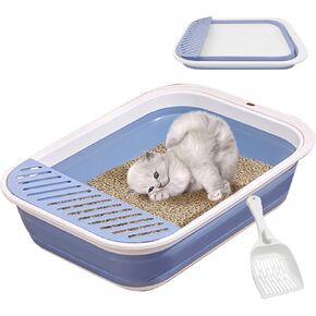 VCEPJH Shallow Kitten Litter Box Low Entry Cat Litter Tray Collapsible Litter Pan Open Kitty Potty Toilet with Scoop, Litter Mat and Toys for Small-Sized Cats (Pink)